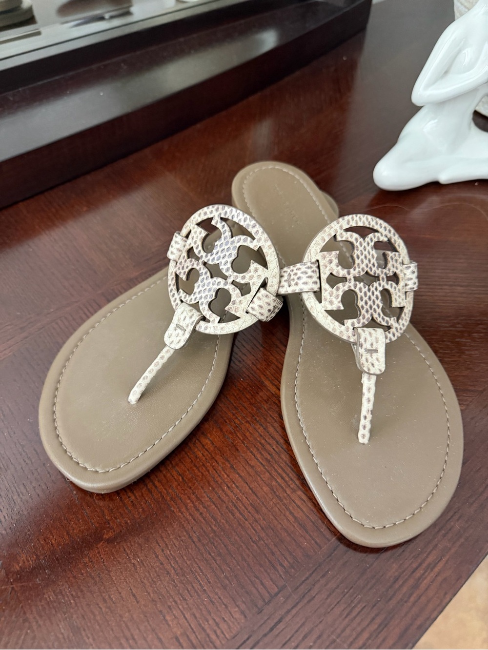 Tory Burch Snake-Print Logo Thong Sandals in Tan and Cream